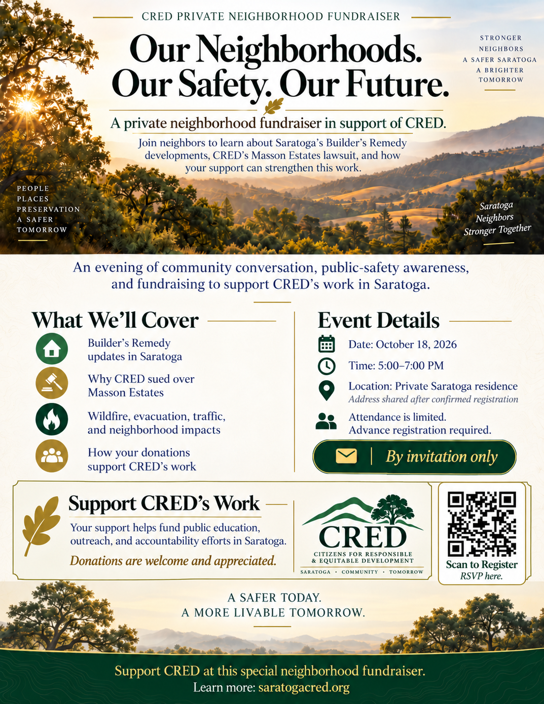 CRED neighborhood fundraiser poster for October 18, 2026, 5:00 to 7:00 p.m. Address shared after confirmed registration.